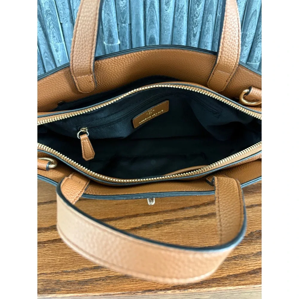 Nanette Lepore Satchel Handbag Black Tan  Pebbled Vegan Leather Gold Hardware